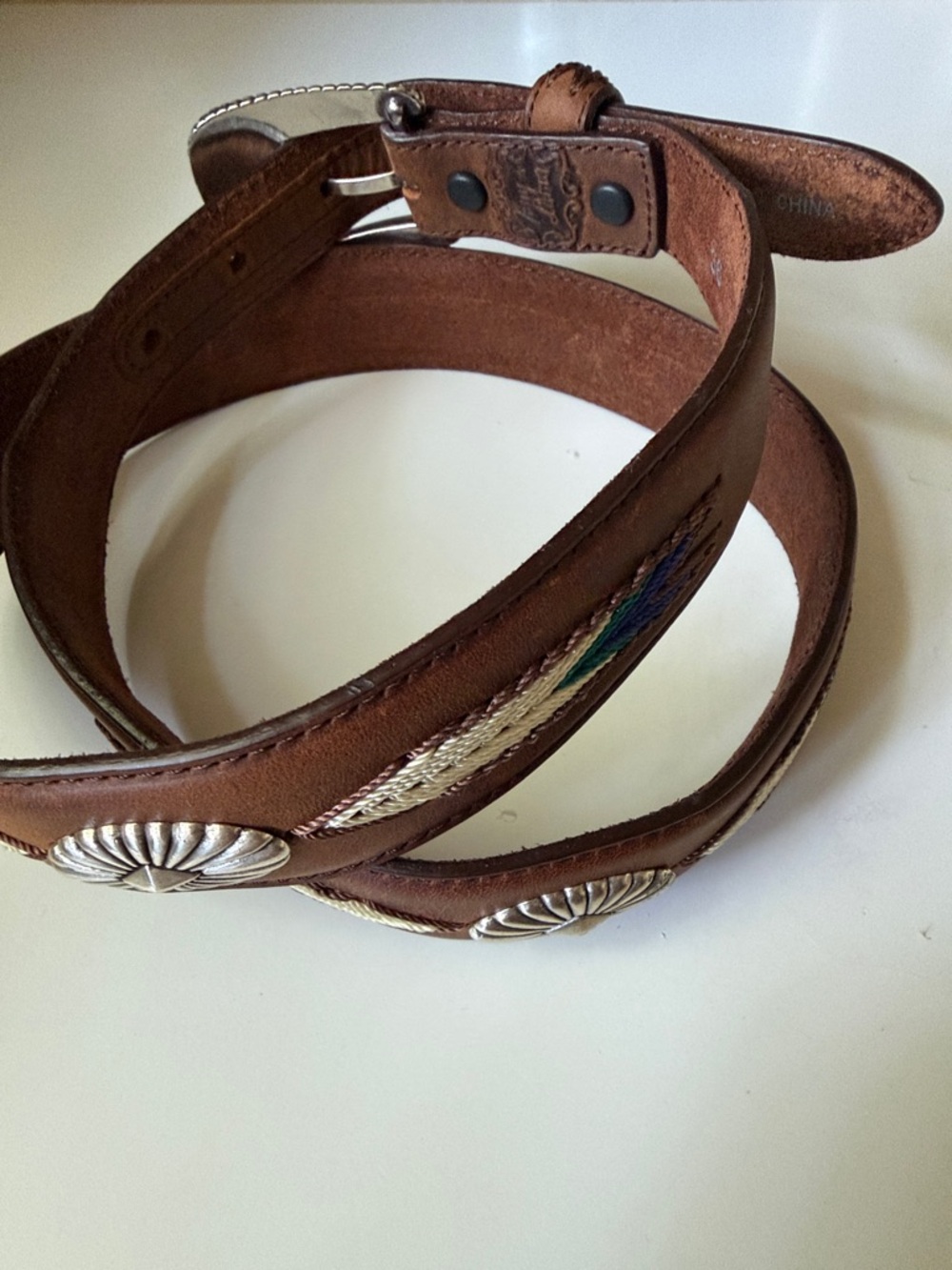 Tony Lama Genuine Leather Western Stitched Belt with Silver Conchos